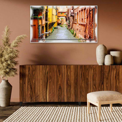 Quadro Bologna Canale delle Moline su tela con cornice decorata