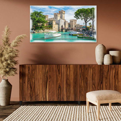 Quadro Brescia Castello di Sirmione su tela con cornice decorata