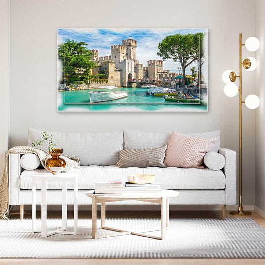 Quadro Brescia Castello di Sirmione su tela con cornice decorata