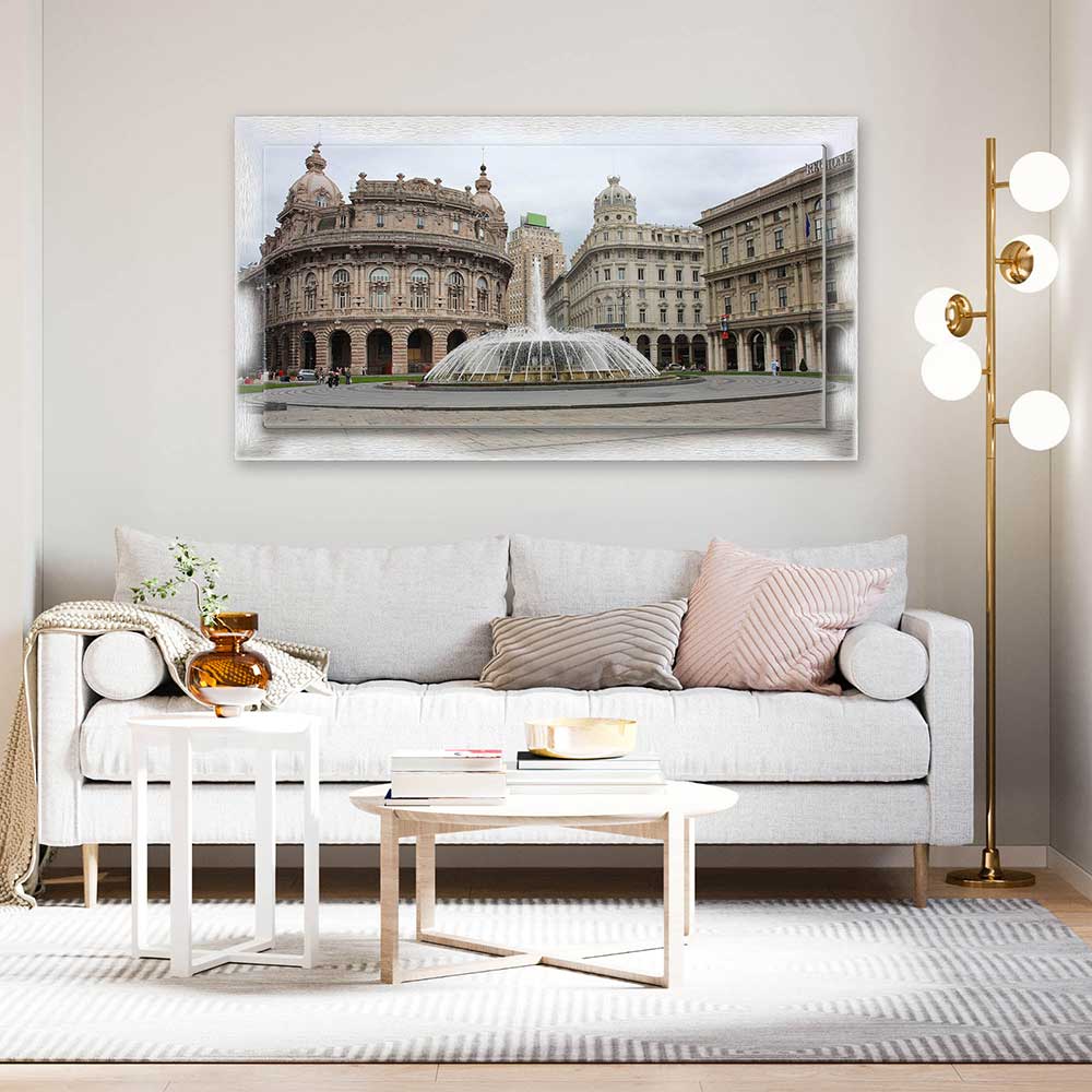 Quadro Genova Piazza Ferrari su tela con cornice decorata