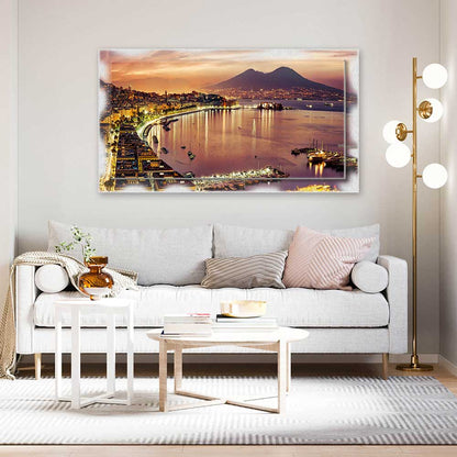 Quadro su tela Napoli Golfo di Notte e cornice decorata