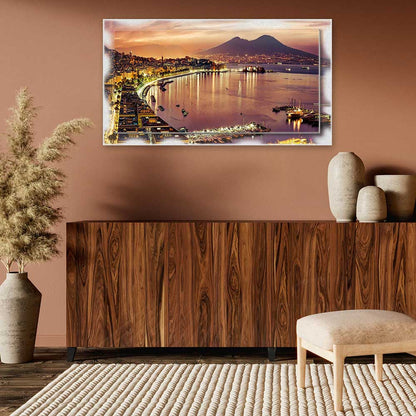 Quadro su tela Napoli Golfo di Notte e cornice decorata