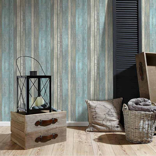 Carta da parati Legno Azzurro e Beige