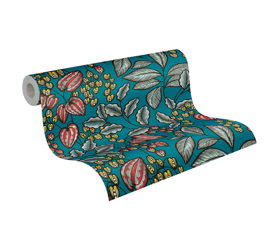 Carta da parati Fiori Modern Turchese