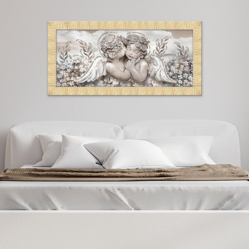Quadro religioso Angioletti con glitter e cornice oro su tela