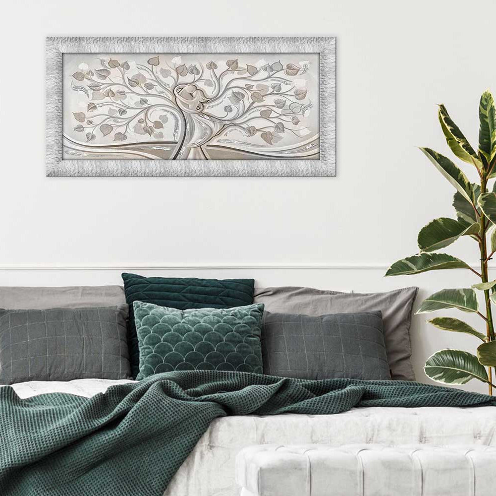 Quadro Abbraccio nell'Albero con glitter e cornice argento su tela