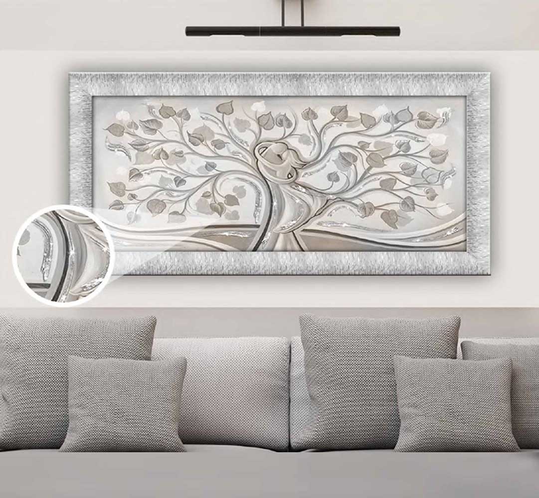 Quadro Abbraccio nell'Albero con glitter e cornice argento su tela