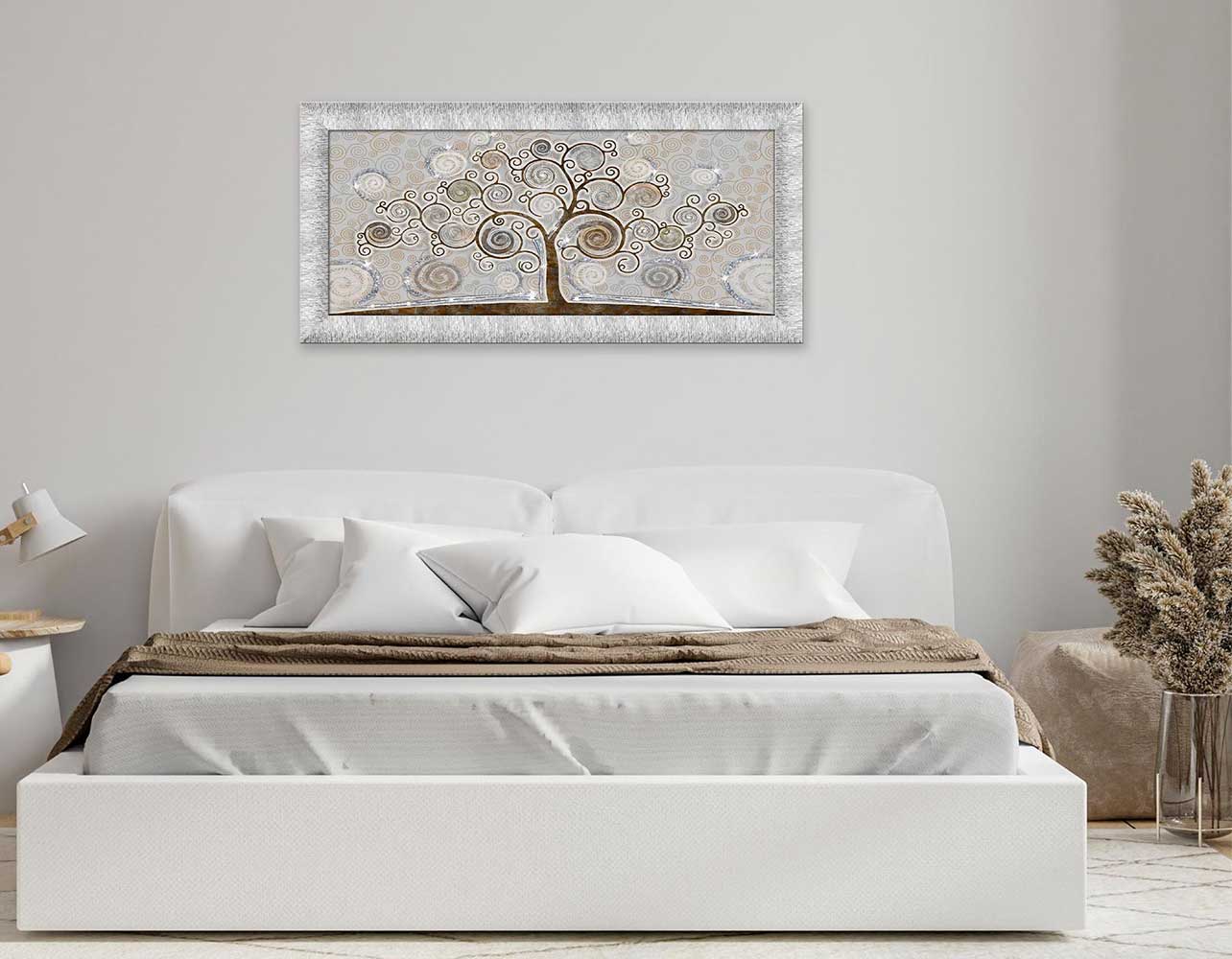 Quadro Albero della Vita con glitter e cornice argento su tela