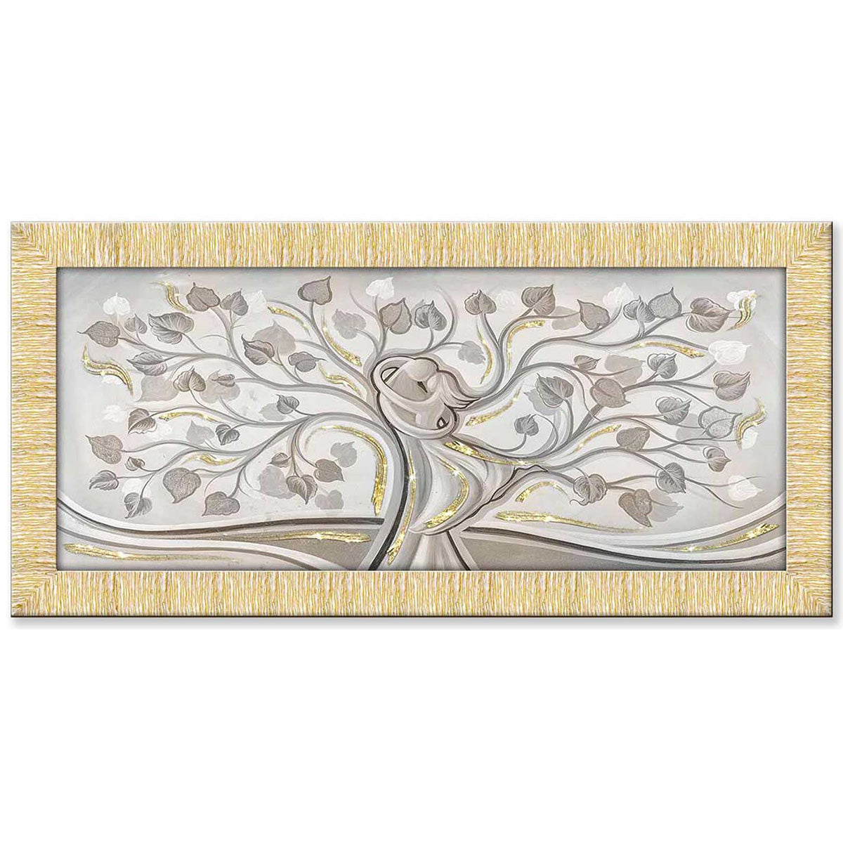 Quadro Abbraccio nell'Albero con glitter e cornice oro su tela