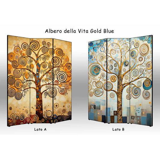 Separé paravento Albero della Vita Gold Blue bifacciale