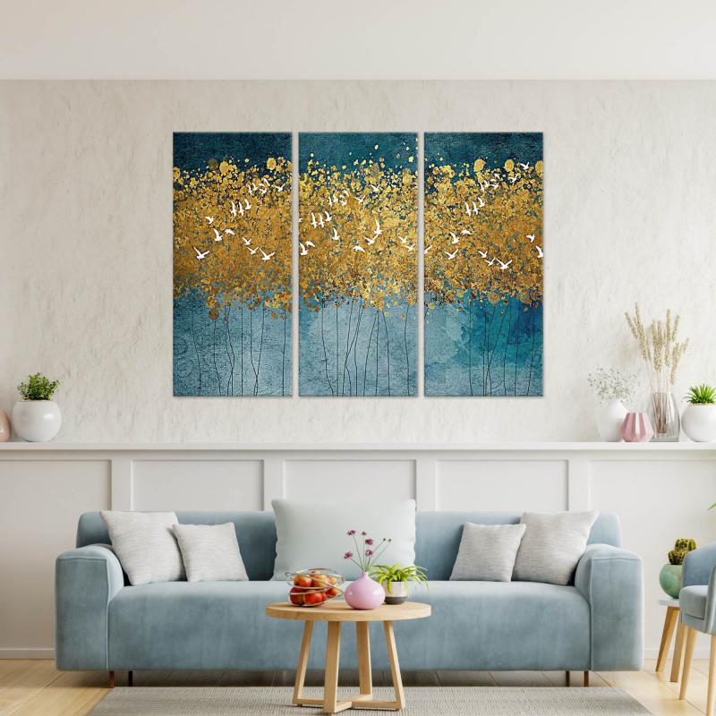 Quadro moderno Volo Uccelli Astratto 3 pannelli su tela